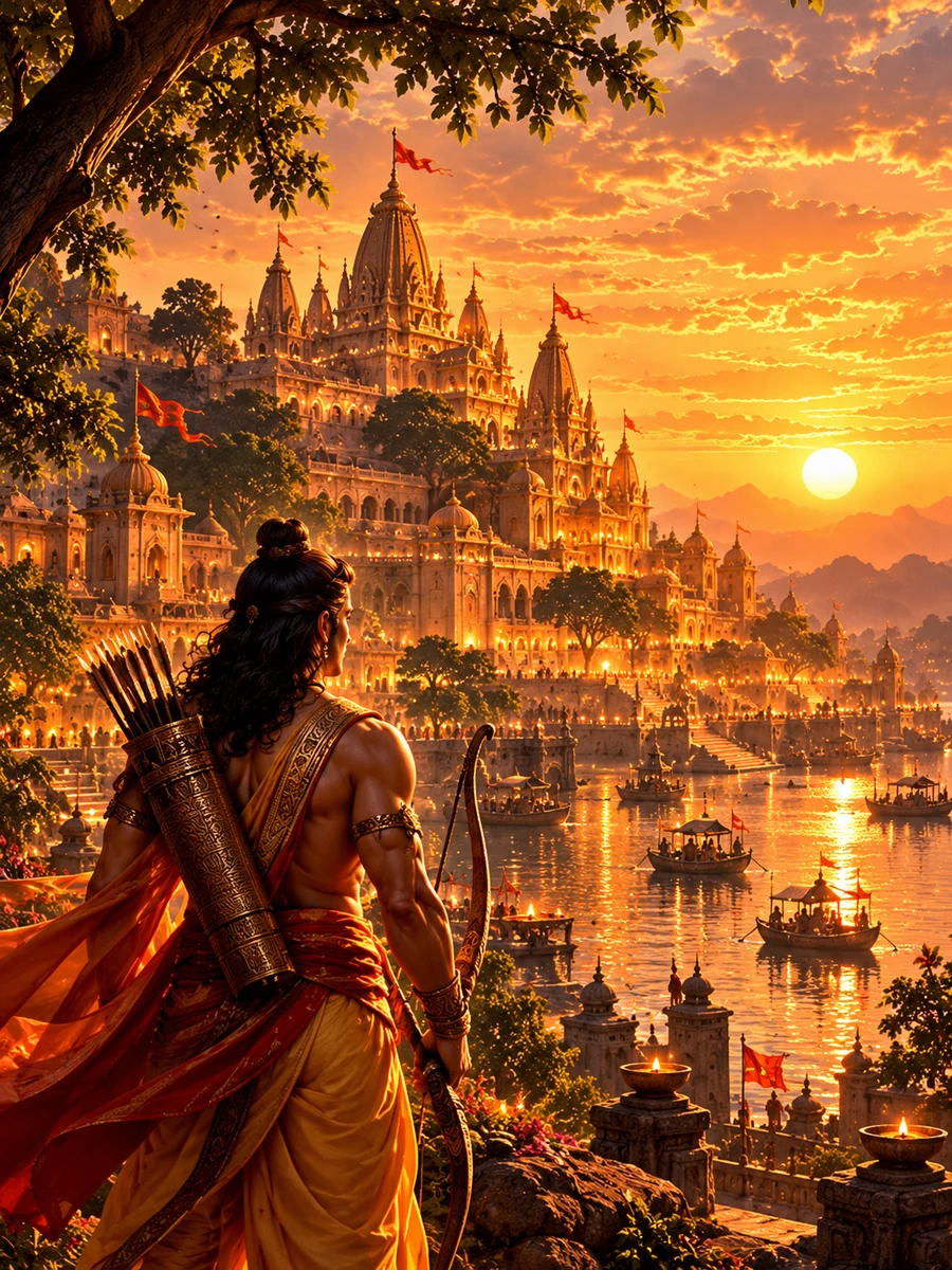 Lord Rama overlooking a golden temple city at sunset