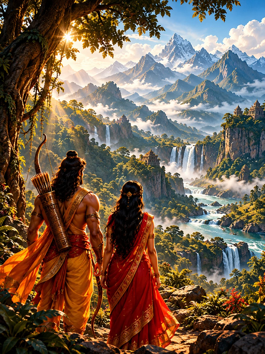 Rama and Sita journeying through a lush mountain forest