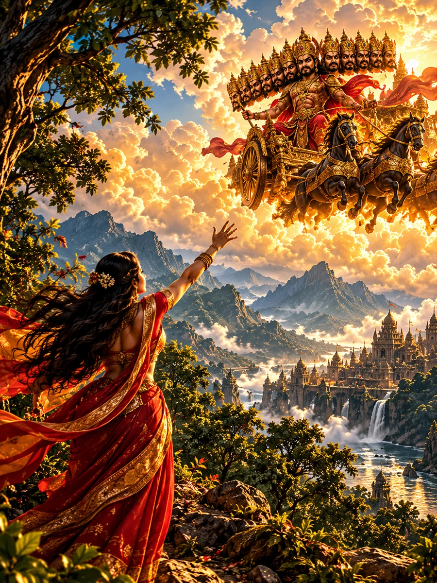 A dramatic mythic moment as Ravana takes Sita away