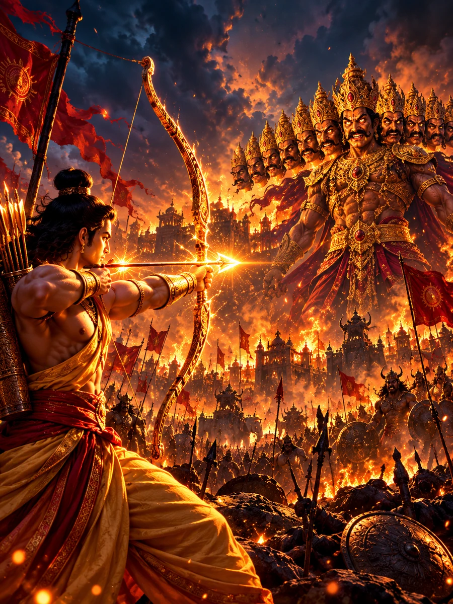 Rama draws a glowing arrow against the ten-headed Ravana